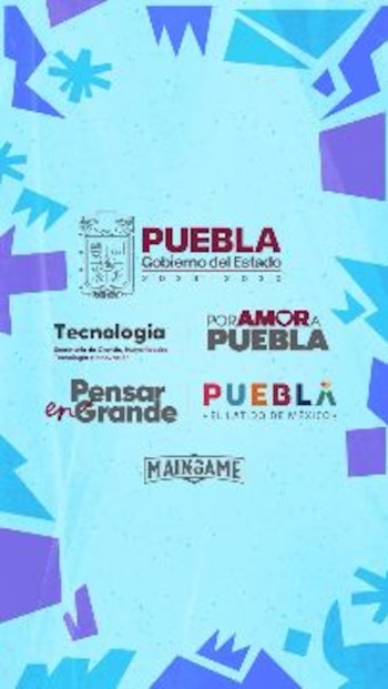 Cartel de fondo celeste con marcos geométricos azules y morados que contiene varios logotipos institucionales del Gobierno de Puebla