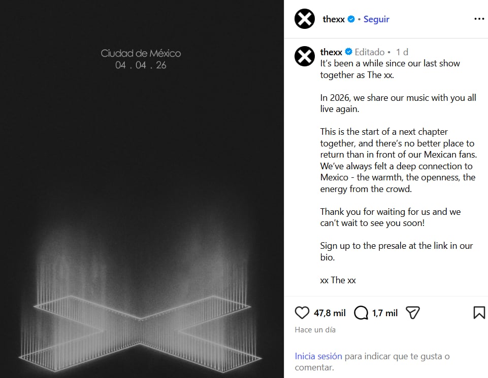 El show de The XX en CDMX forma parte de su gira internacional previa a su participación en Coachella 2026. (Instagram/ @thexx)
