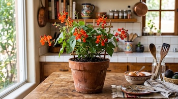 Maceta de barro con una planta de flores rojas y soporte de madera sobre una mesa de cocina, junto a un plato, cubiertos y utensilios.