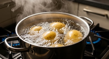 Primer plano de patatas enteras hirviendo vigorosamente en agua dentro de una olla de metal sobre una estufa con llamas azules y vapor ascendente.
