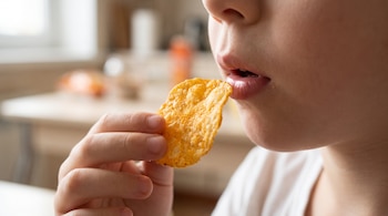 Primer plano de la parte inferior del rostro de un niño y una mano que sostiene una papa frita frente a su boca.