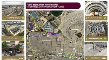 Infografía de obras contra inundaciones en Iztapalapa, Nezahualcóyotl y La Paz, con mapa y seis imágenes de colectores, laguna y cárcamo