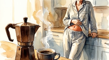 Una cafetera italiana, una taza de café humeante y una persona en pijama con una mano sobre el abdomen, junto a una encimera de cocina.