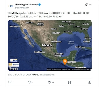 Sismo en Ciudad Hidalgo, Chiapas (X/ @SSNMexico)