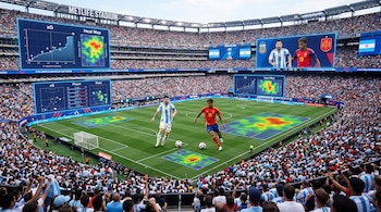 Estadio MetLife con tribunas llenas y césped verde. En el campo, Lionel Messi y Lamine Yamal con balón. Pantallas digitales muestran gráficos xG y mapas de calor.