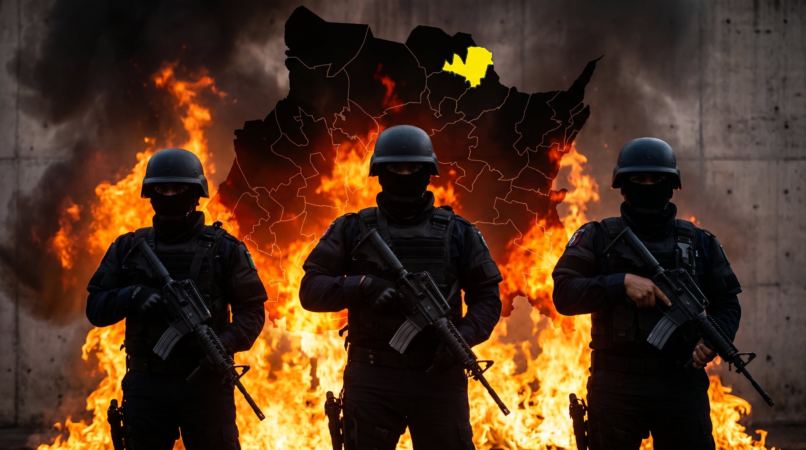 Tres hombres con chalecos tácticos y armas de fuego permanecen frente a un fondo en llamas y un mapa de Morelos que ubica el municipio de Totolapan. (Imagen Ilustrativa Infobae)