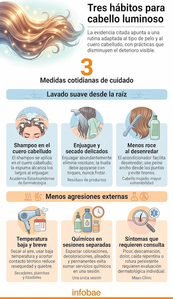 Infografía con ilustraciones de lavado, peinado y secado de cabello, acompañada de textos explicativos ordenados en tres bloques.
