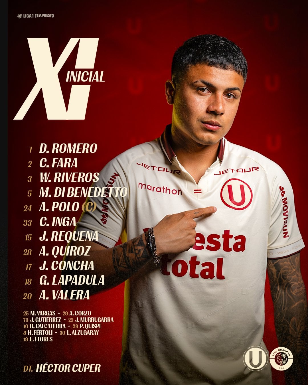 Alineación confirmada de Universitario contra Los Chankas por Torneo Clausura 2026. - Crédito: @Universitario