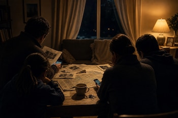 Cuatro personas sentadas de espaldas ante una mesa con mapas, documentos, teléfonos, una taza y un manojo de llaves.