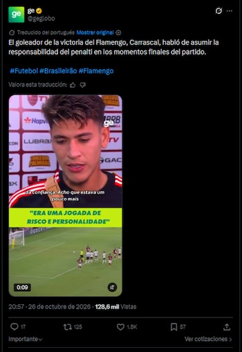 El atacante cartagenero anotó el tiro penalti a favor del Flamengo en la victoria por 3-2 ante Atlético Mineiro-crédito X