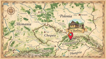 Mapa ilustrado de Europa Central con brújula. Países visibles: Alemania, Polonia, Chequia, Austria, Eslovaquia, Hungría. Un marcador rojo señala Vlkolínec en Eslovaquia.