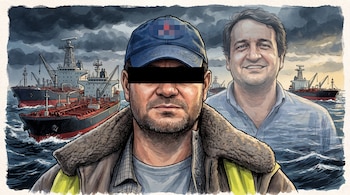 Dibujo de dos hombres, uno con gorra azul y los ojos cubiertos por una franja negra, sobre un fondo con buques petroleros en el mar.