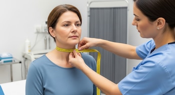 Una profesional médica con uniforme azul mide la circunferencia del cuello de una mujer adulta con una cinta métrica amarilla en un entorno clínico.
