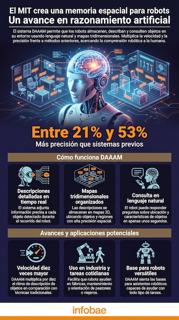 Infografía sobre el sistema DAAAM del MIT: robot con cerebro brillante, objetos conectados a datos en un mapa 3D y paneles explicativos sobre su funcionamiento.