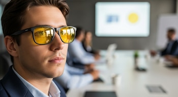 Un hombre con gafas de filtro amarillo en primer plano, sentado en una mesa de reuniones con otros compañeros y una pantalla de proyección al fondo.