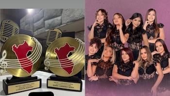 Dos premios dorados en forma de disco y micrófono a la izquierda; retrato de ocho mujeres de Corazón Serrano sonriendo a la derecha