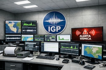Sala de control sísmico con numerosas pantallas. Mapas, gráficos de datos y ondas sísmicas visibles. Una pantalla roja muestra "Alerta Sísmica". Logo IGP en la pared.