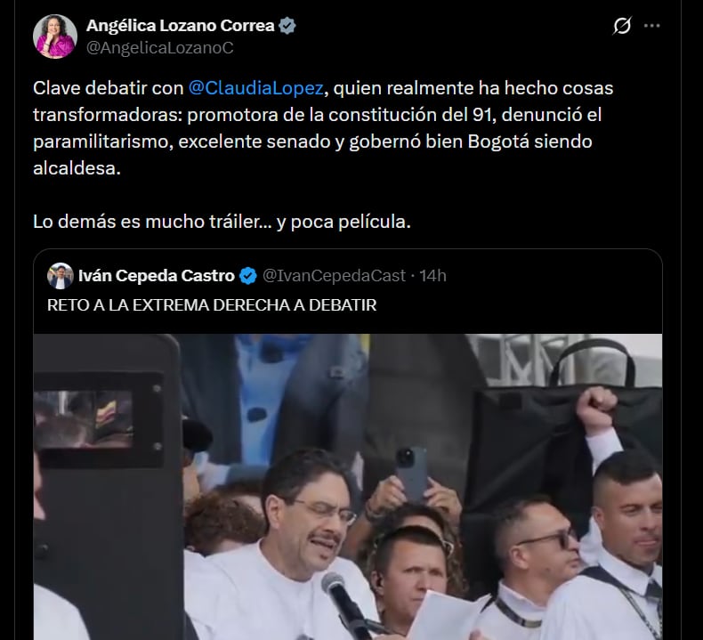 Angélica Lozano pidió la presencia la candidata Claudia López, quien, según afirmó, “ha hecho cosas transformadoras” - crédito @AngelicaLozanoC/X
