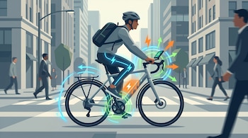 Ilustración de un ciclista con casco y mochila en una bicicleta moderna. Gráficos luminosos de potencia, vatios y flechas lo rodean en una calle urbana.
