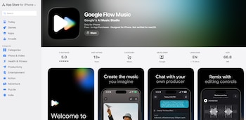 Captura de pantalla de la App Store mostrando 'Google Flow Music', con su icono de reproducción multicolor, calificación de 5.0 estrellas y tres miniaturas de la aplicación