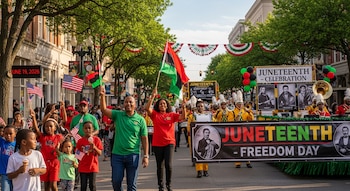 Una multitud celebra el Juneteenth en un desfile callejero con banderas de EE.UU. y panafricanas, una banda musical y un cartel que muestra "JUNE 19, 2026".