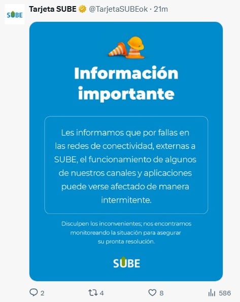 Tarjeta SUBE notifica que la atención en sus aplicaciones y canales puede presentar fallas intermitentes debido a problemas externos de conectividad. (SUBE)