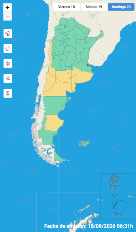 Para este domingo, la franja central del país tendrá alertas amarillas por viento y lluvias (Servicio Meteorológico Nacional)
