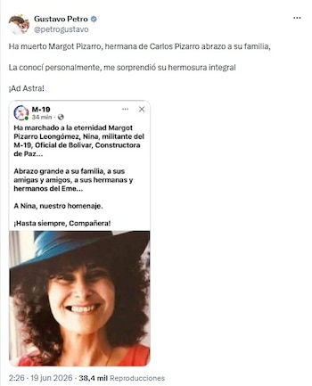 El presidente Gustavo Petro lamentó la muerte de Margot Pizarro Leongómez, conocida como Nina, exmilitante del M-19 y cuya vida quedó asociada a la guerra, la prisión, la maternidad y luego al trabajo por la paz en comunidades rurale - crédito @petrogustavo/X