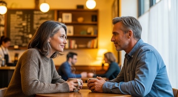 Una mujer y un hombre de mediana edad se miran el uno al otro sonriendo, sentados en una mesa de madera en una cafetería, cada uno sosteniendo una taza de café humeante.