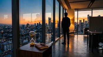 Hombre de espaldas ante un ventanal, vista a la ciudad en el atardecer, y una mesa con un reloj de arena, cuaderno y bolígrafo.