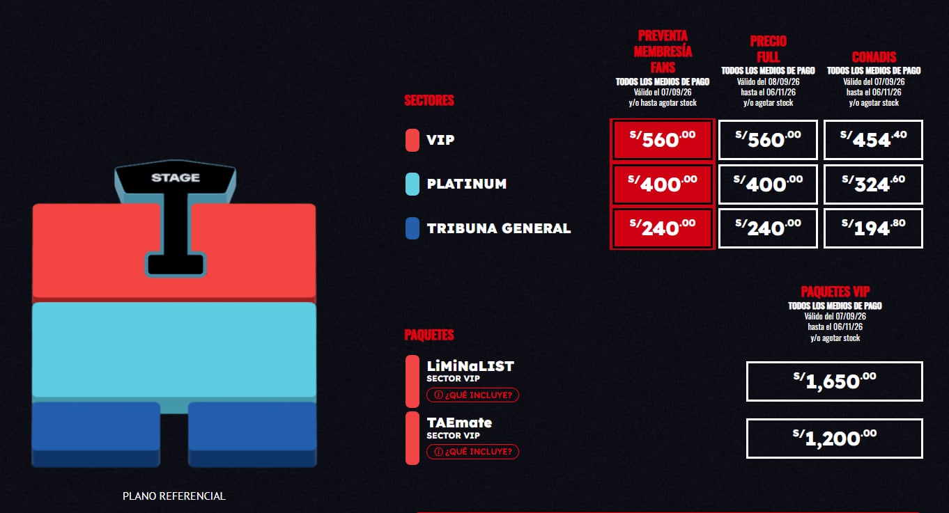 El mapa de distribución y la lista de precios de las entradas para el concierto del cantante Taemin en Lima señalan zonas entre los 240 y los 1650 soles.