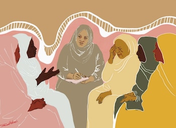 Ilustración de un grupo de mujeres reunidas con personal de MSF, Darfur. La organización convocó grupos de discusión con 56 lideresas, parteras y activistas para recoger sus demandas ante la crisis de protección. (Médicos Sin Fronteras)