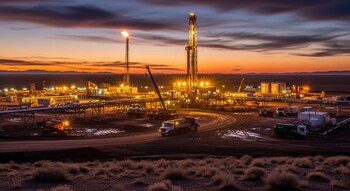Torre de perforación petrolera, antorcha de gas, camiones, grúa, tanques y tuberías en una planta industrial al atardecer con montañas en el horizonte.