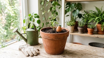 Maceta de terracota con tierra, brote verde y un huevo, junto a regadera metálica verde y guante de jardinería sobre mesa de madera.