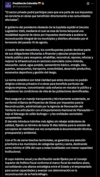 El decreto prioriza proyectos según la dimensión de los daños, la cantidad de habitantes beneficiados y la posibilidad de restablecer servicios básicos - crédito @infopresidencia / X