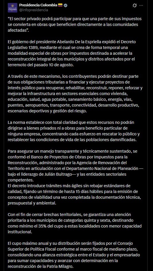 El decreto prioriza proyectos según la dimensión de los daños, la cantidad de habitantes beneficiados y la posibilidad de restablecer servicios básicos - crédito @infopresidencia / X