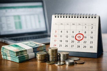 Un calendario de escritorio, fajas de billetes peruanos, pilas de monedas, una computadora portátil abierta con una hoja de cálculo desenfocada.