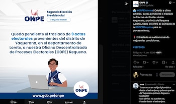 ONPE ya no pone fecha para el traslado de 9 actas de Loreto mientras Keiko Fujimori mantiene mínima ventaja sobre Roberto Sánchez. Captura: ONPE.