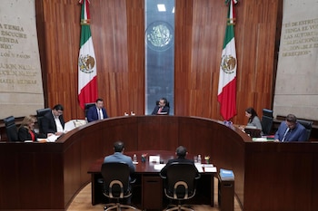En una sala del Tribunal Electoral, seis jueces están sentados en un escritorio curvo de madera oscura, con dos banderas mexicanas a los lados y paredes de piedra