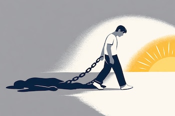 Ilustración minimalista de una persona de perfil arrastrando una sombra oscura con una cadena, caminando hacia una luz amarilla brillante.
