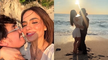 Un collage presenta un primer plano de un hombre y una mujer abrazados y una vista de la misma pareja abrazada de pie en una playa al atardecer.