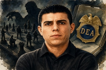 Ilustración de un hombre de camisa oscura ante un tablero de ajedrez con soldados y una placa dorada con las letras DEA.