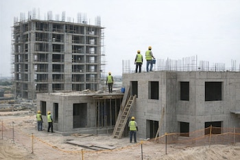 Vista de un sitio de obra con dos edificios de hormigón en construcción, cinco trabajadores con chalecos amarillos y cascos, andamios y varillas de acero.