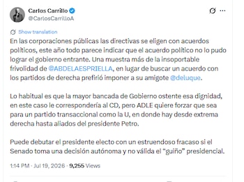 Carrillo alegó que Abelardo de la Espriella o ha logrado un acuerdo político con el Centro Democrático - crédito @CarlosCarrilloA/X