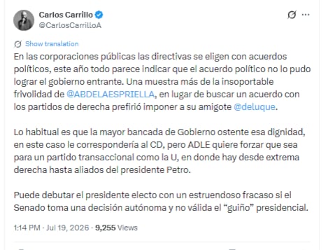 Carrillo alegó que Abelardo de la Espriella o ha logrado un acuerdo político con el Centro Democrático - crédito @CarlosCarrilloA/X