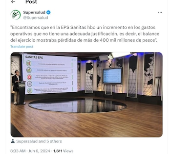 Supersalud habla de lo que han encontrado durante la intervención a la EPS Sanitas - crédito @Supersalud