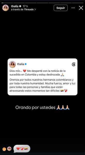 Thalia tras sismo en Colombia - crédito thalia/Instagram