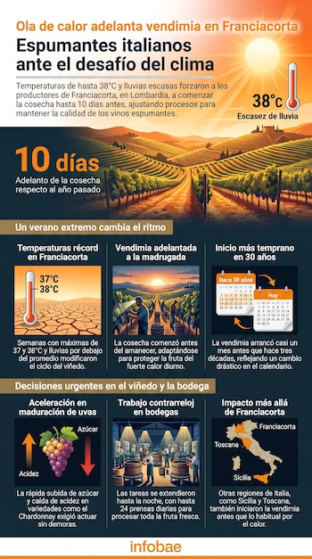 Ilustración de viñedos, sol y termómetro 38°C, trabajadores en cosecha y bodega, calendarios, racimo de uvas, mapa de Italia con regiones resaltadas. Fuente: Infobae.