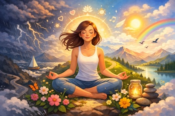 Ilustración de una mujer meditando en flor de loto, con tormenta a su izquierda y paisaje soleado con arcoíris a su derecha. Un halo de luz emana de su cabeza.