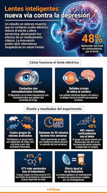 Infografía detallada sobre un estudio de lentes de contacto para la depresión en ratones, mostrando el funcionamiento de microelectrodos, el experimento y los resultados de hormonas.
